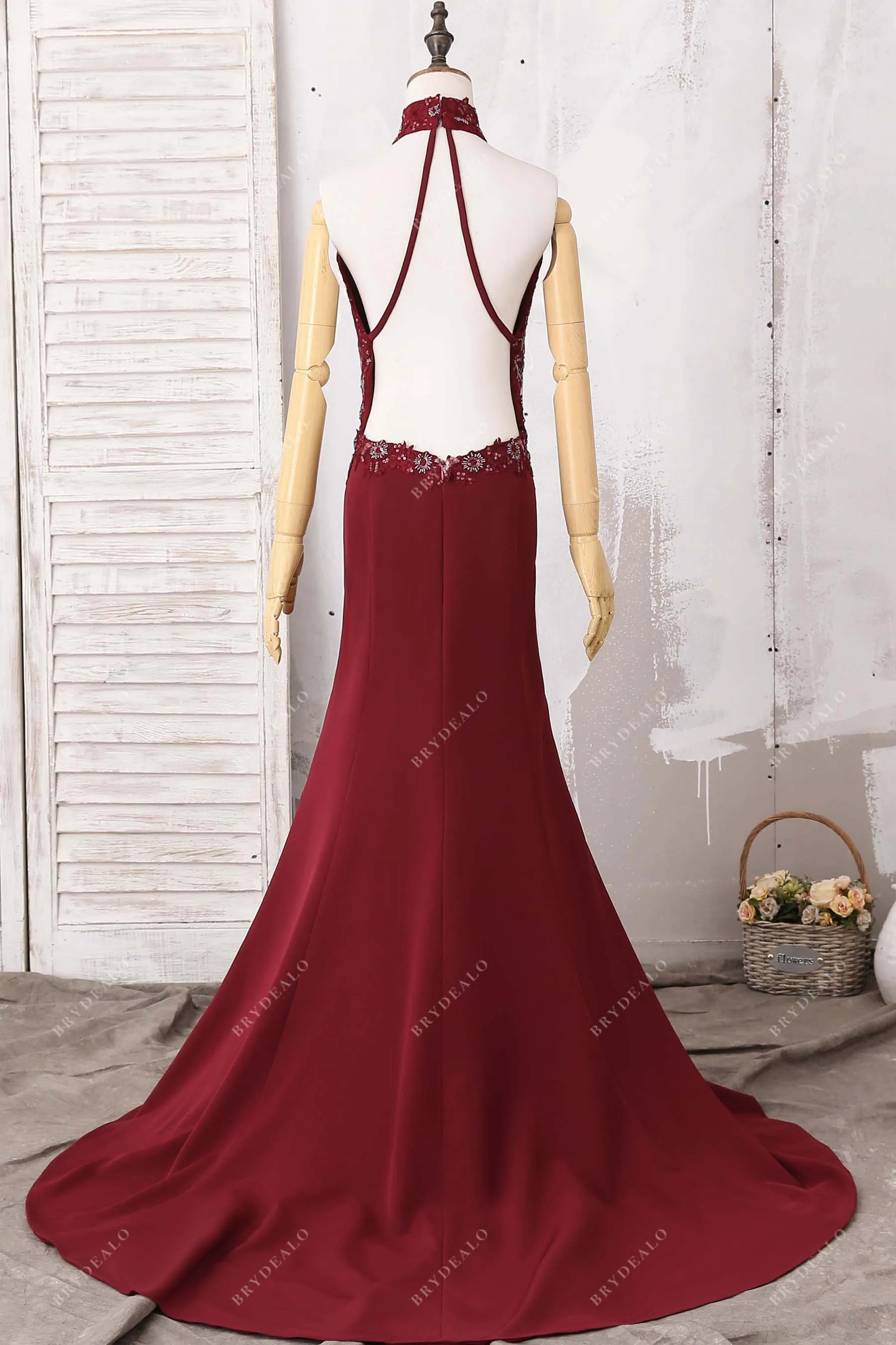 Burgundy Sequined Lace Satin Mermaid Prom Dress