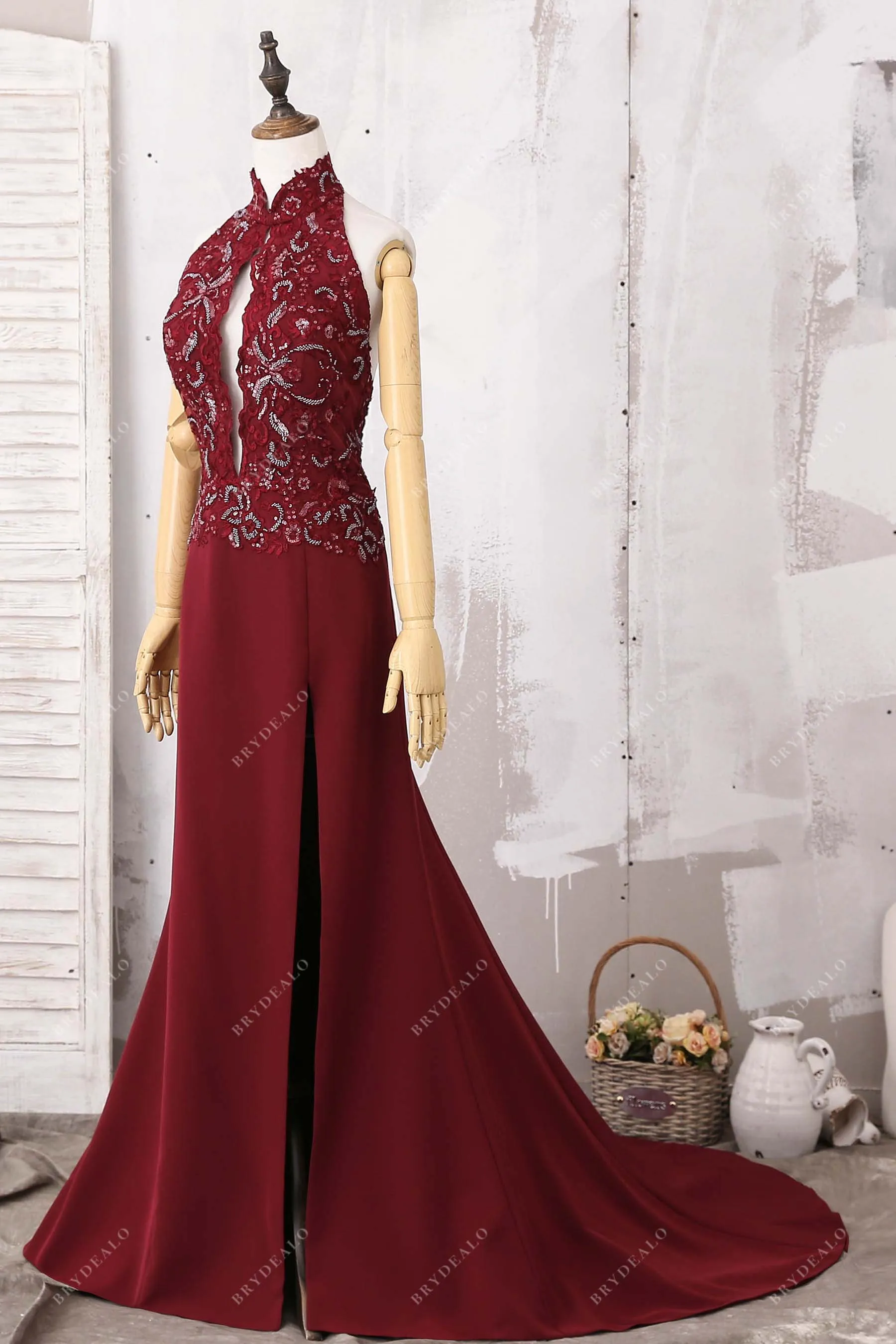 Burgundy Sequined Lace Satin Mermaid Prom Dress