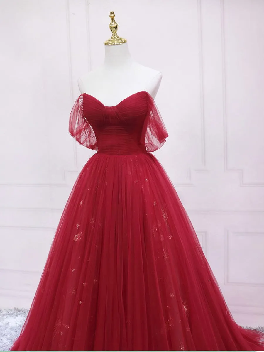 Burgundy Tulle Long Prom Dress, Burgundy Evening Dress