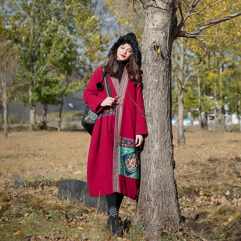 Casual embroidered floral V-neck winter long women's cotton coat