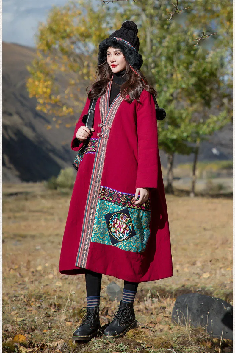 Casual embroidered floral V-neck winter long women's cotton coat