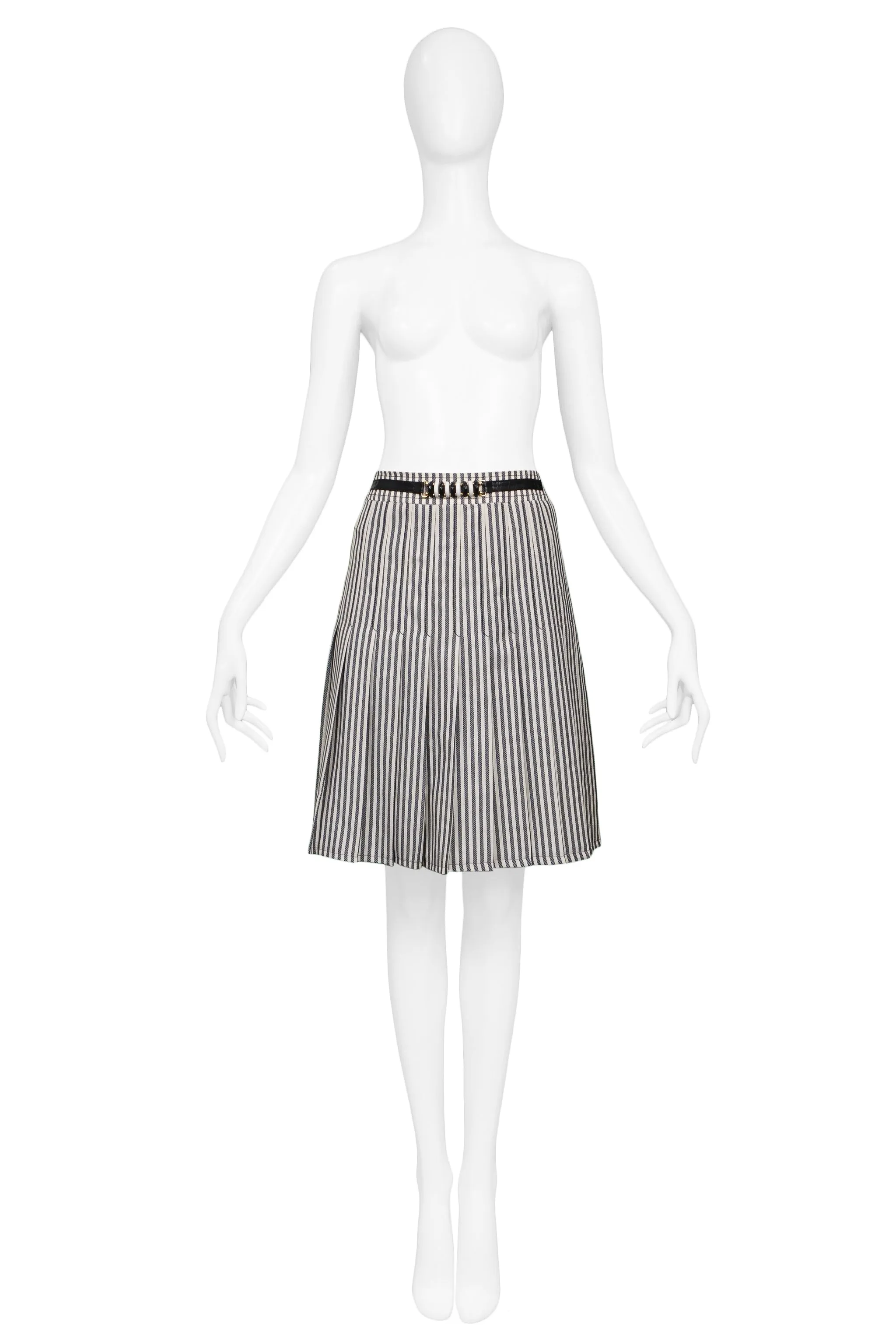 CELINE BLACK & WHITE STRIPE BOX PLEAT SKIRT WITH HARDWARE