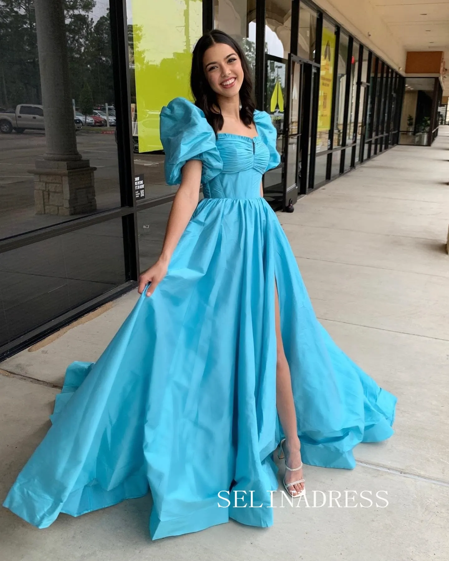 Chic A-line Puff Sleeve Prom Dress Cheap Satin Long Evening Gowns lpk503