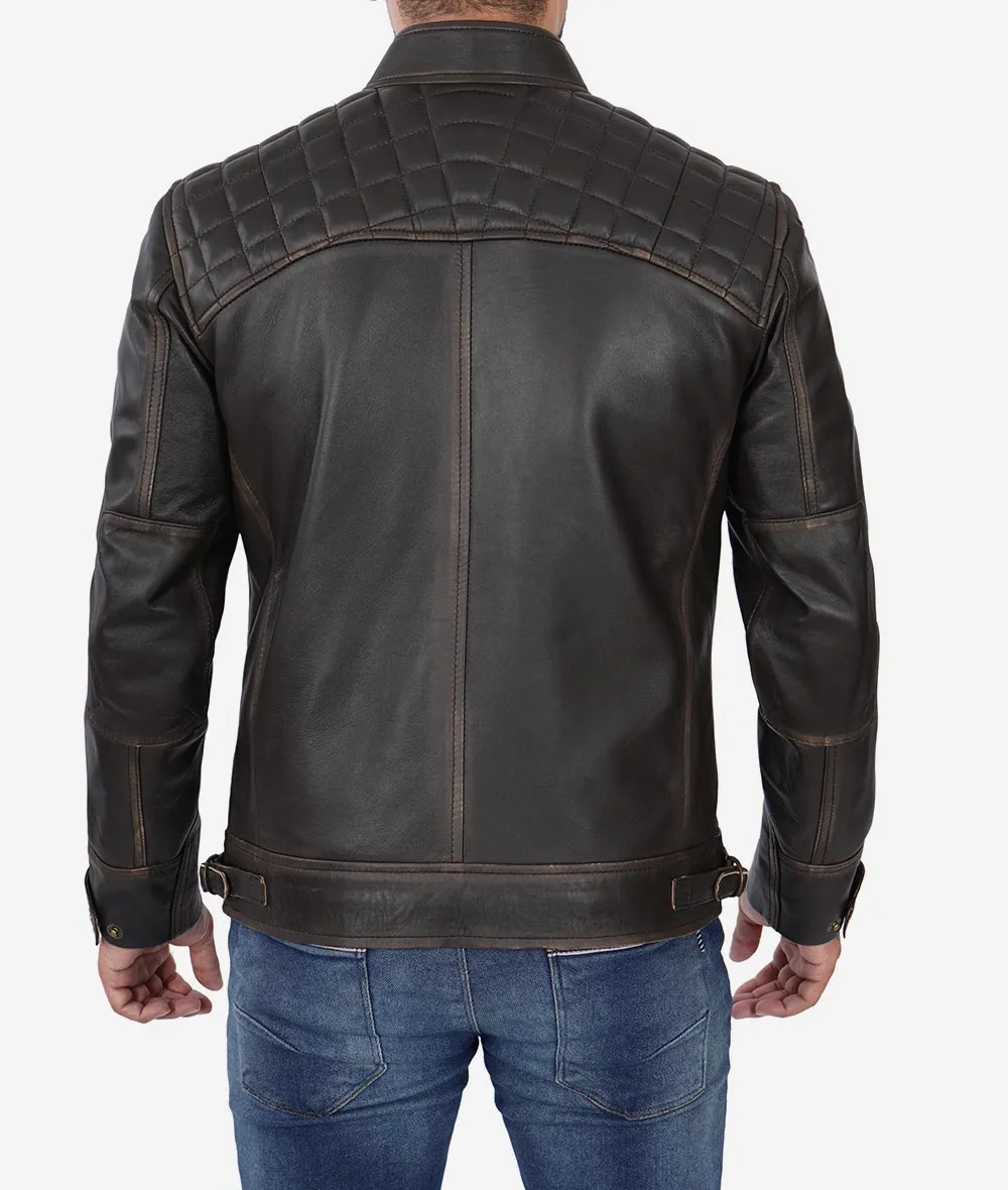 Claude Mens Biker Brown Quilted Distressed Leather Jacket