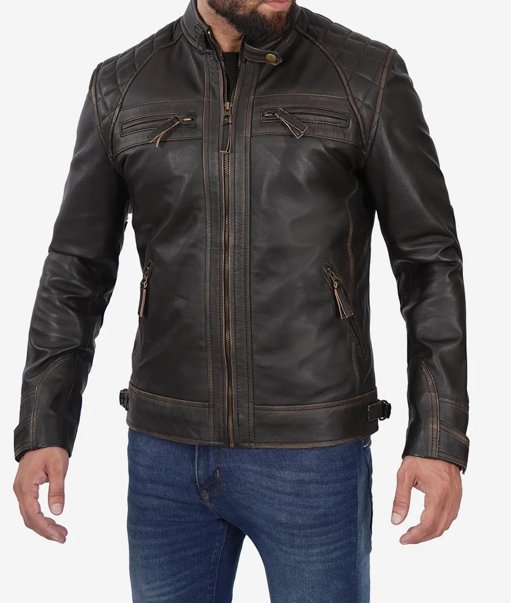 Claude Mens Biker Brown Quilted Distressed Leather Jacket