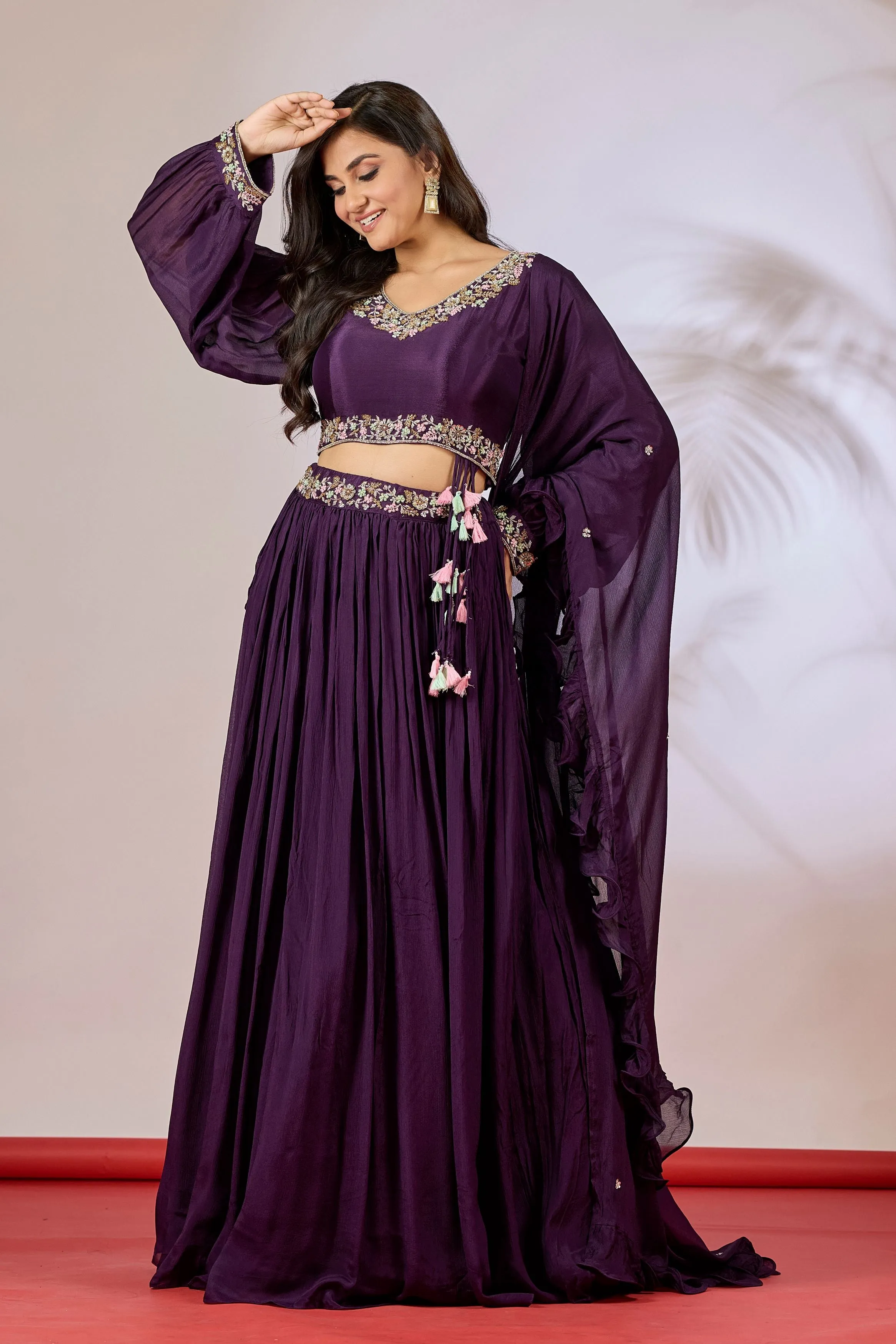 Deep Purple Embellished Chinon Silk Skirt Set