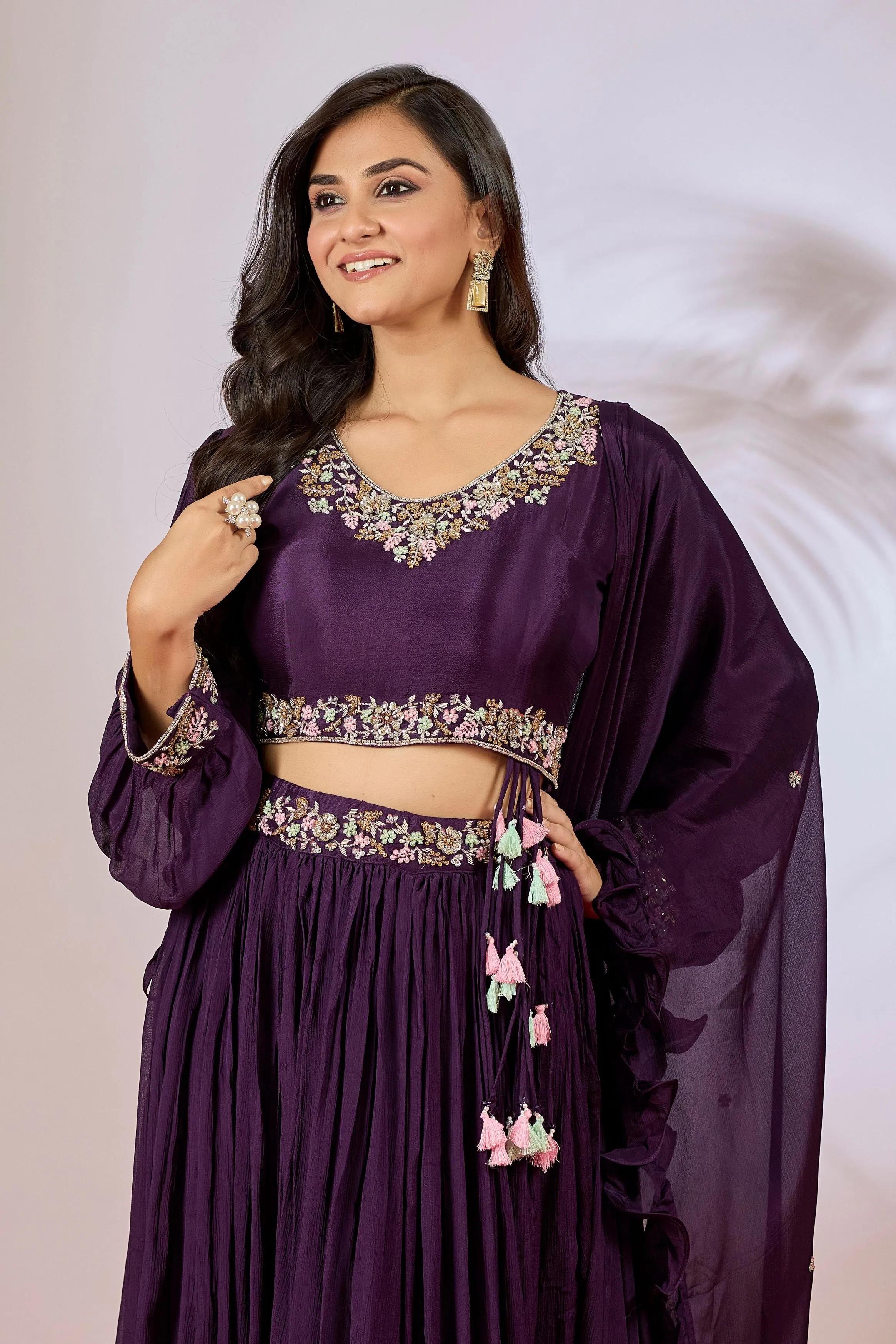 Deep Purple Embellished Chinon Silk Skirt Set