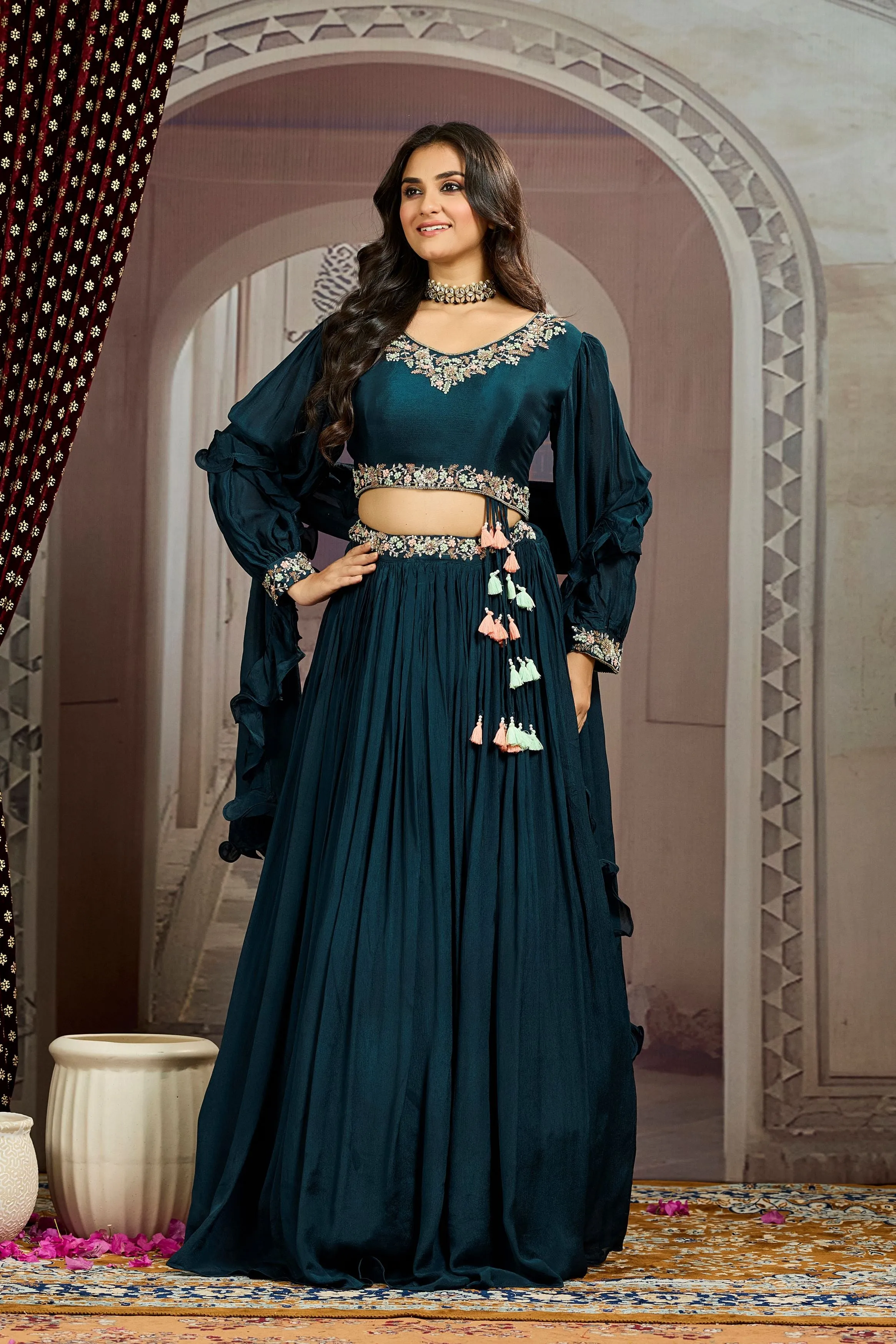 Deep Teal Embellished Chinon Silk Skirt Set