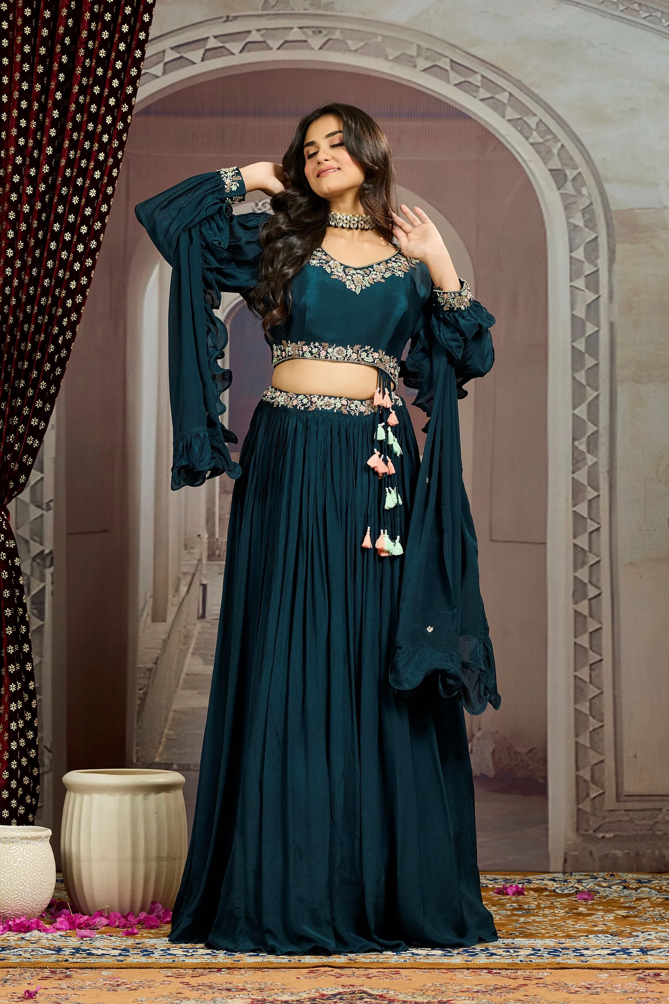 Deep Teal Embellished Chinon Silk Skirt Set