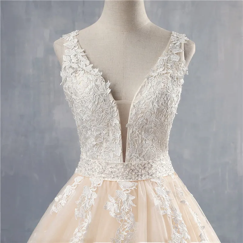 Deep V Lace A Line Bridal No Train Wedding Dress