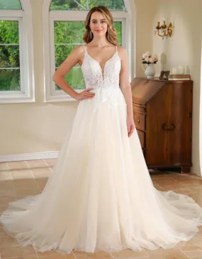 Deep V Lace A Line Garden Wedding Gown