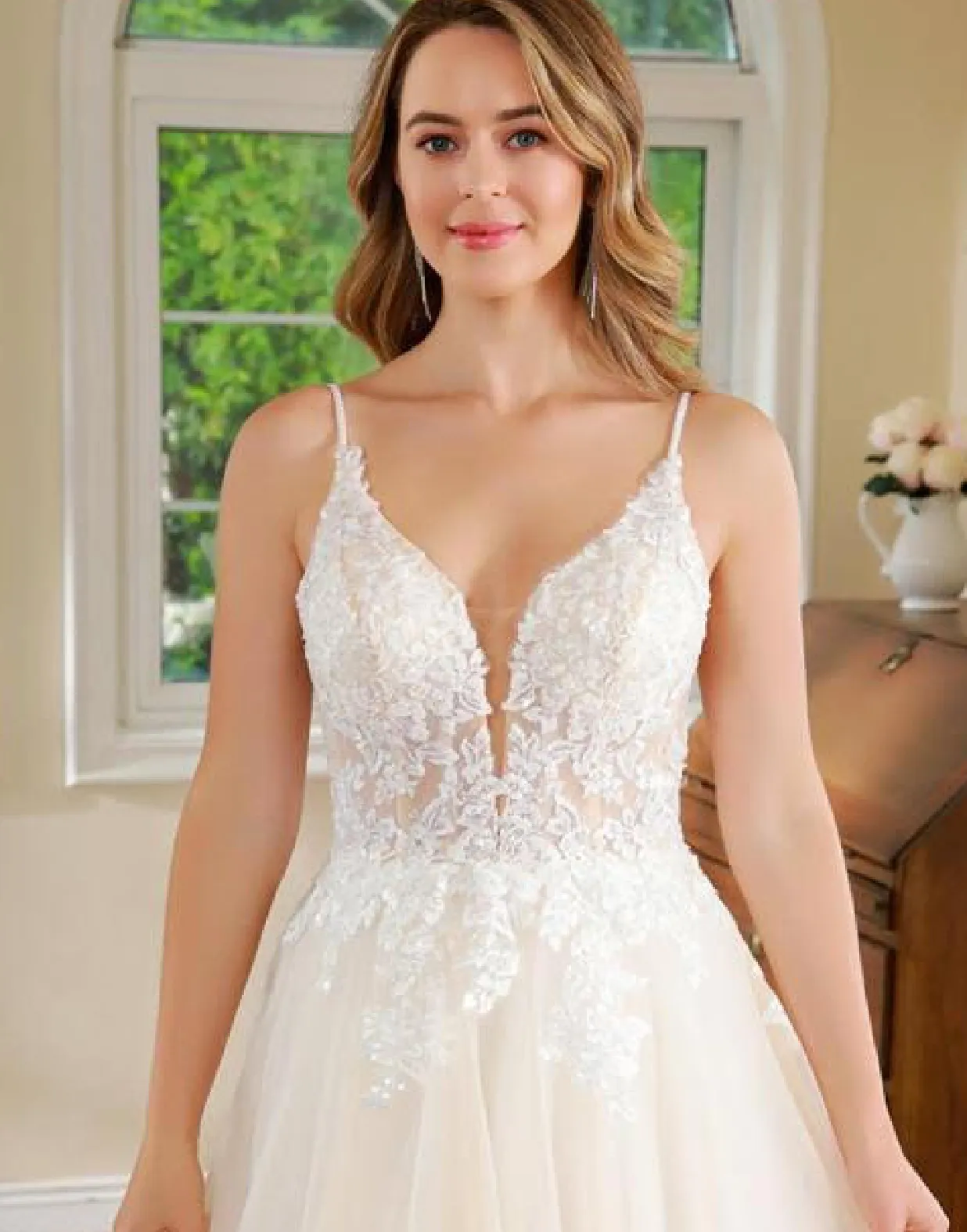 Deep V Lace A Line Garden Wedding Gown