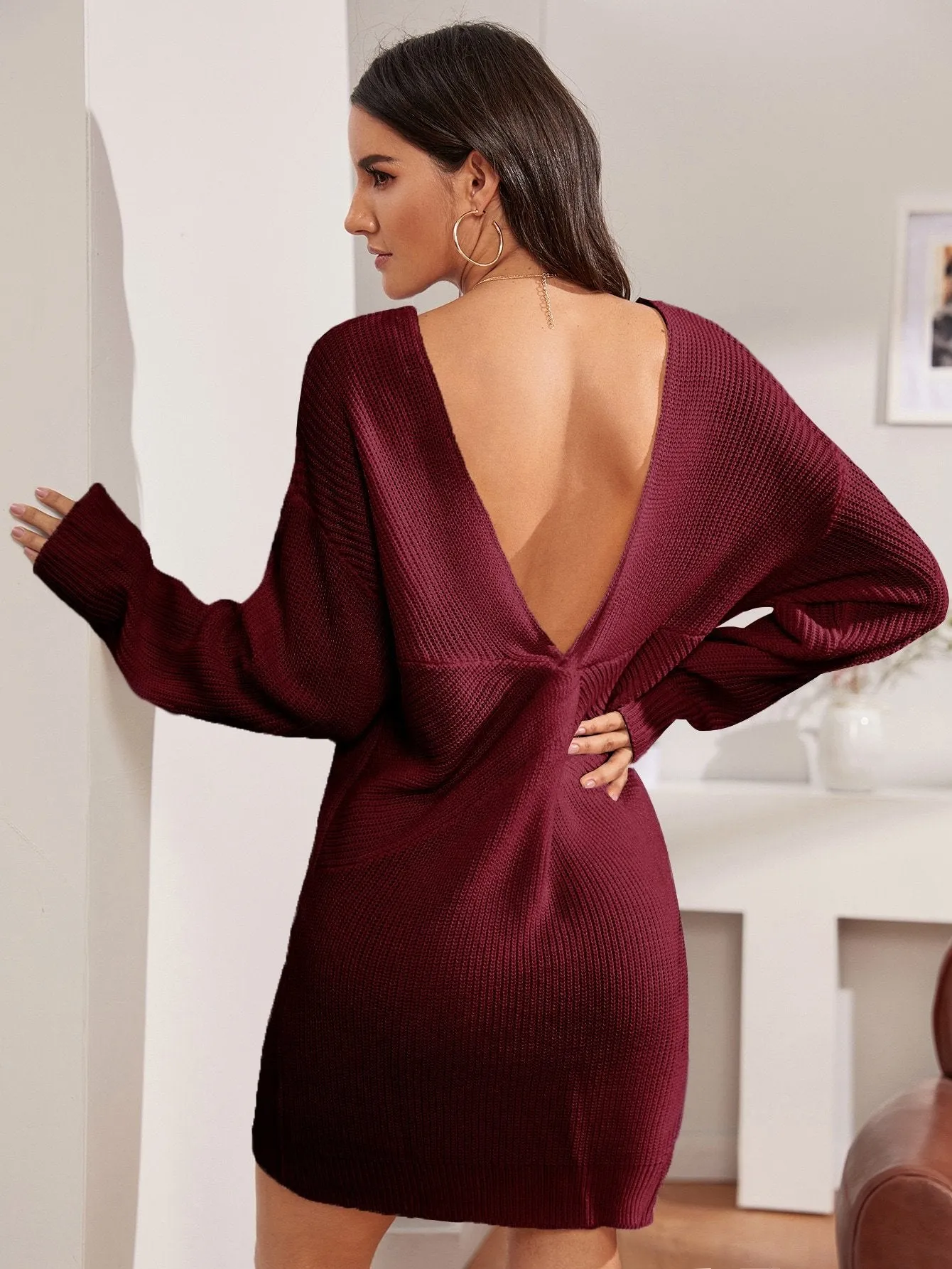 Drop Shoulder Twist V-back Jumper Dress