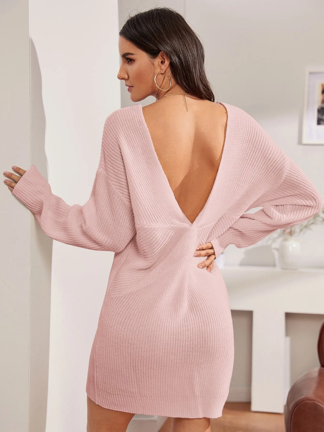 Drop Shoulder Twist V-back Jumper Dress