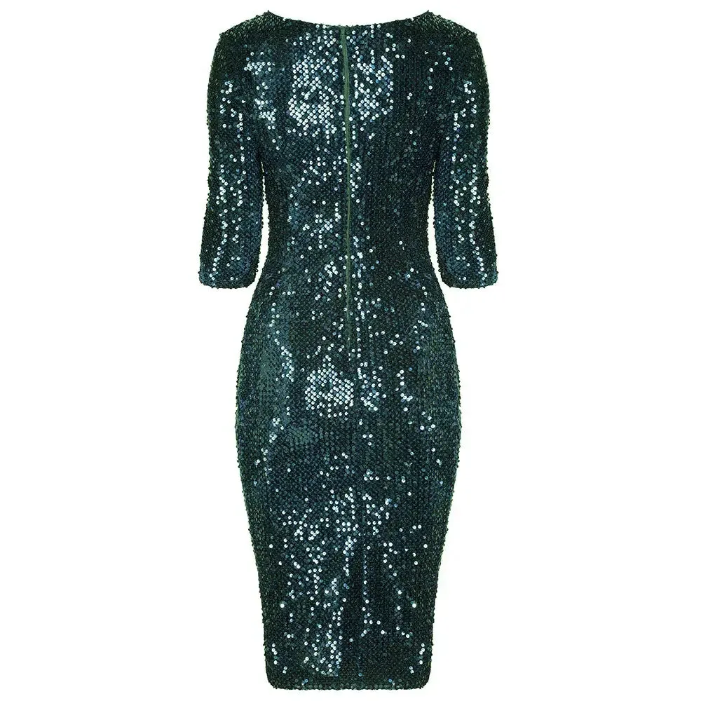 Emerald Green 3/4 Sleeve Velour Sequin Wiggle Dress