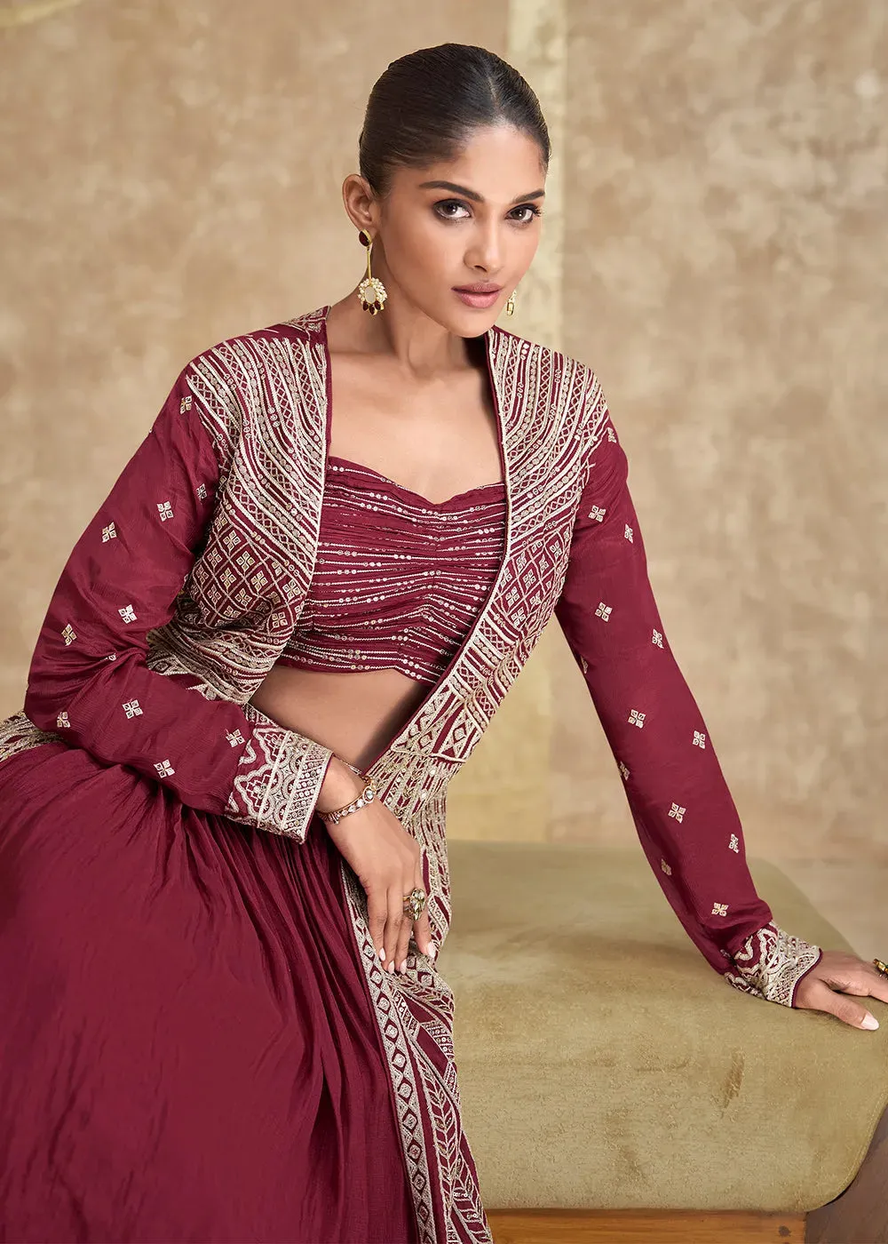 Enchanting Jacket Style Maroon Embroidered Lehenga Choli