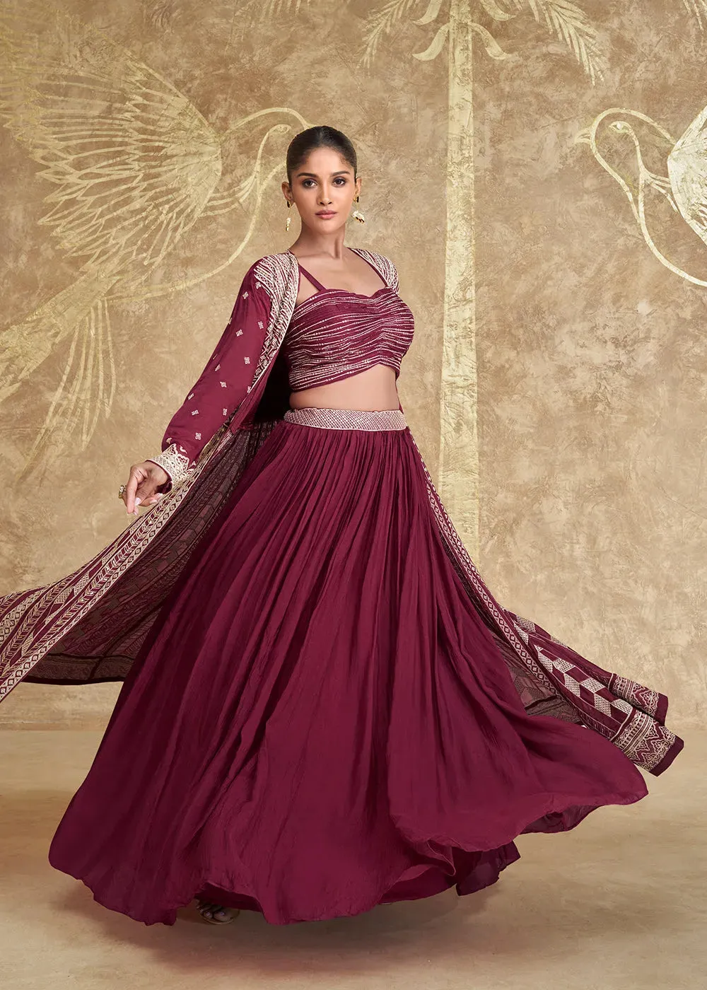 Enchanting Jacket Style Maroon Embroidered Lehenga Choli