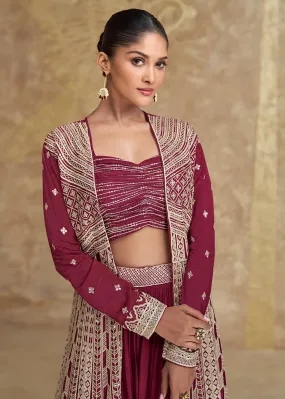 Enchanting Jacket Style Maroon Embroidered Lehenga Choli