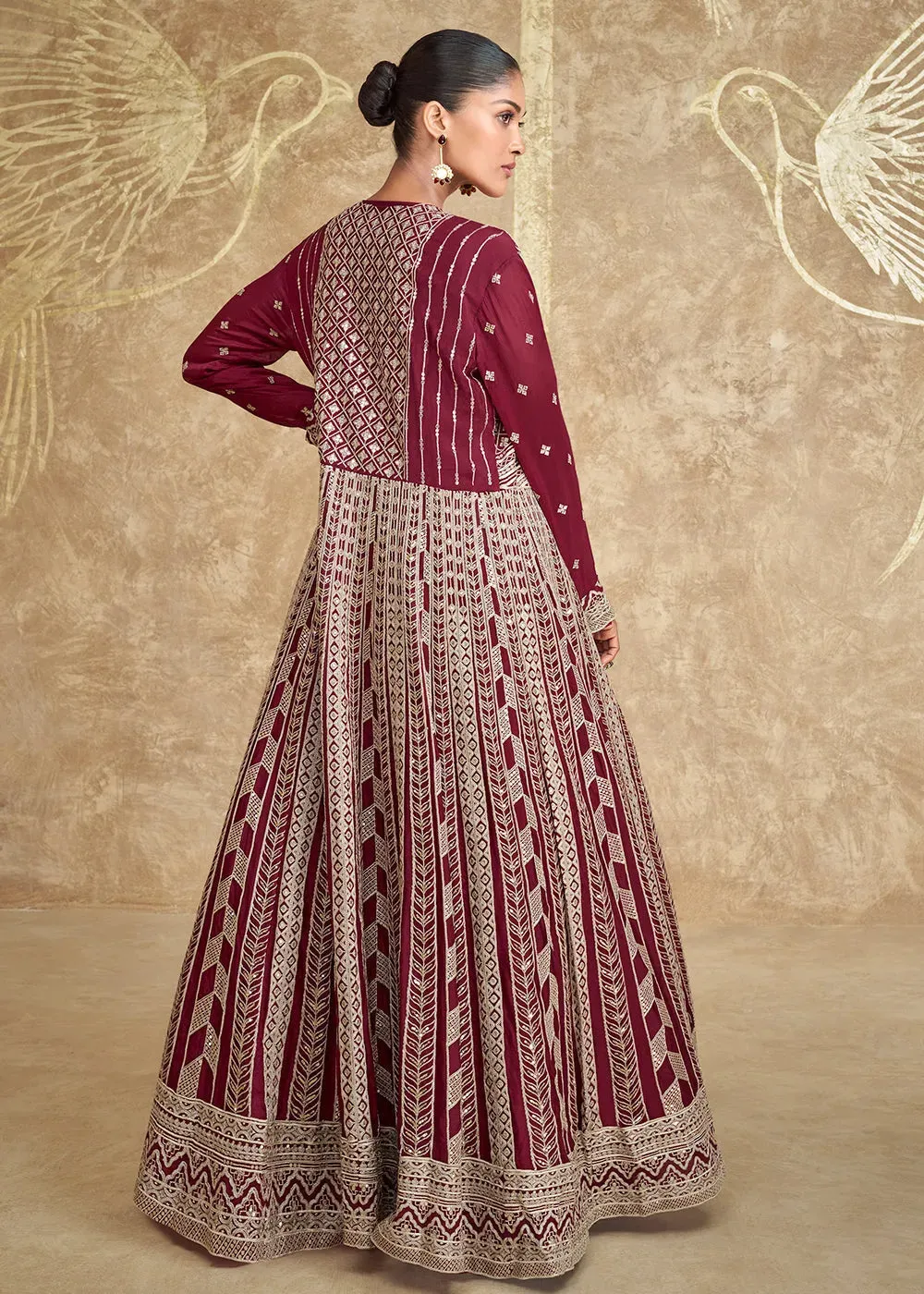 Enchanting Jacket Style Maroon Embroidered Lehenga Choli