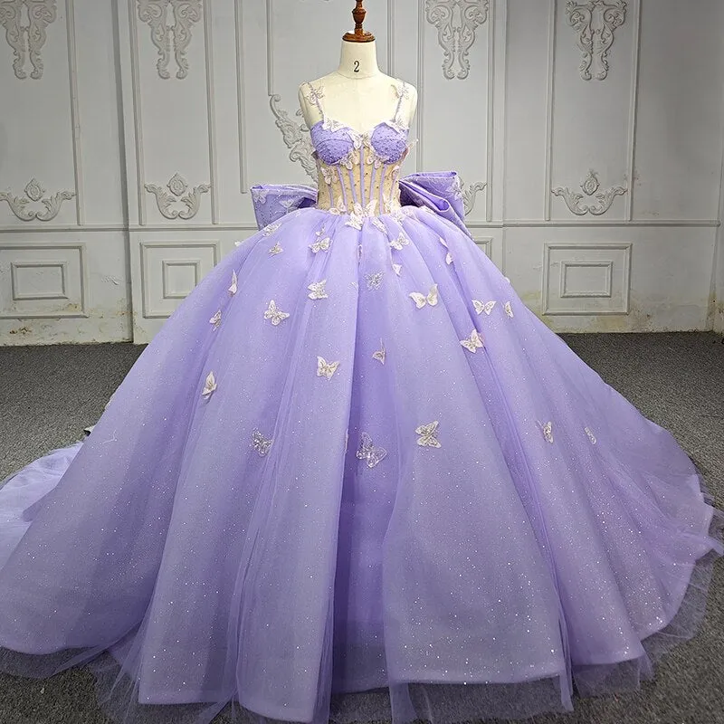 Exquisite Organza Corset Sleeveless Ball Gown Beading Bow 3D Flower Party Dress