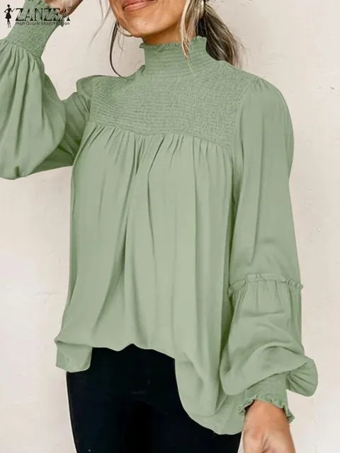 Fashion OL Pleated Tops Tunic Casual Solid Turtleneck Blusas Femininas ZANZEA Puff Sleeve Pleated Blouse Women Oversized Mujer S4477453