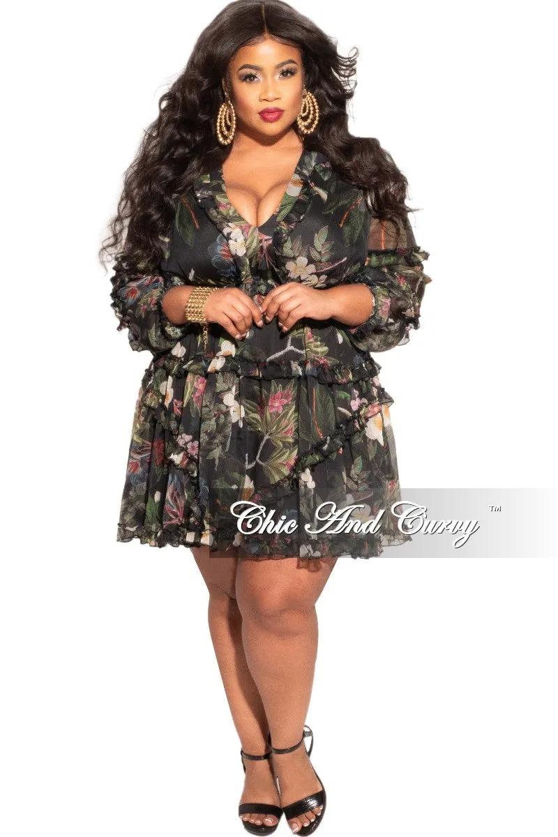 Final Sale Plus Size Chiffon Babydoll Dress Forest Floral Print