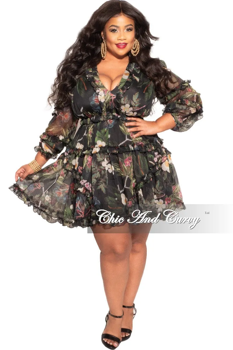 Final Sale Plus Size Chiffon Babydoll Dress Forest Floral Print