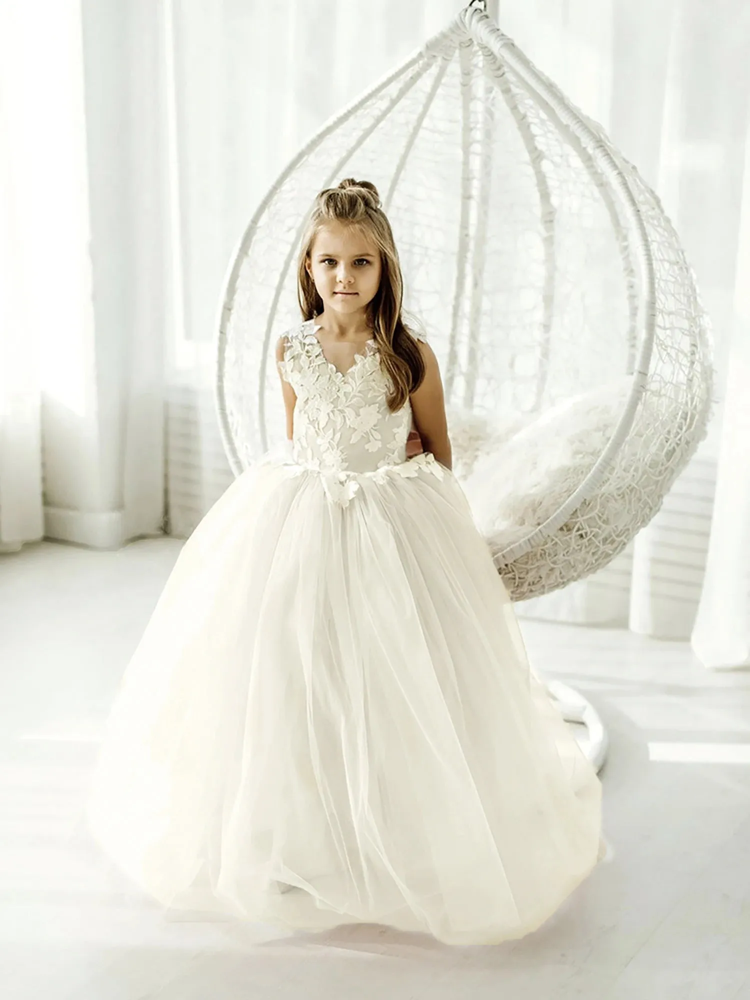 Flower Girl Bow Tie Back Tulle Princess Party Dress