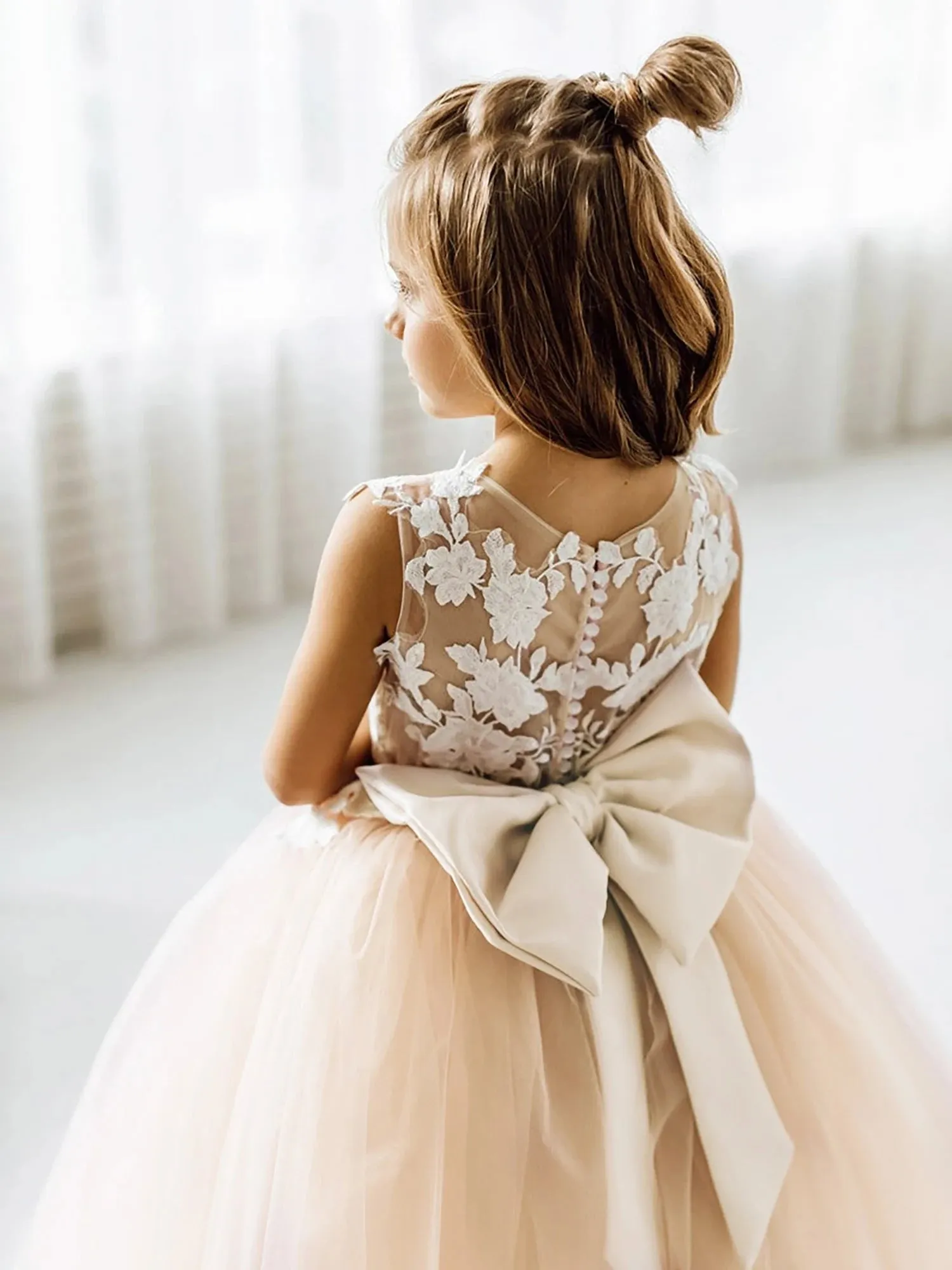 Flower Girl Bow Tie Back Tulle Princess Party Dress