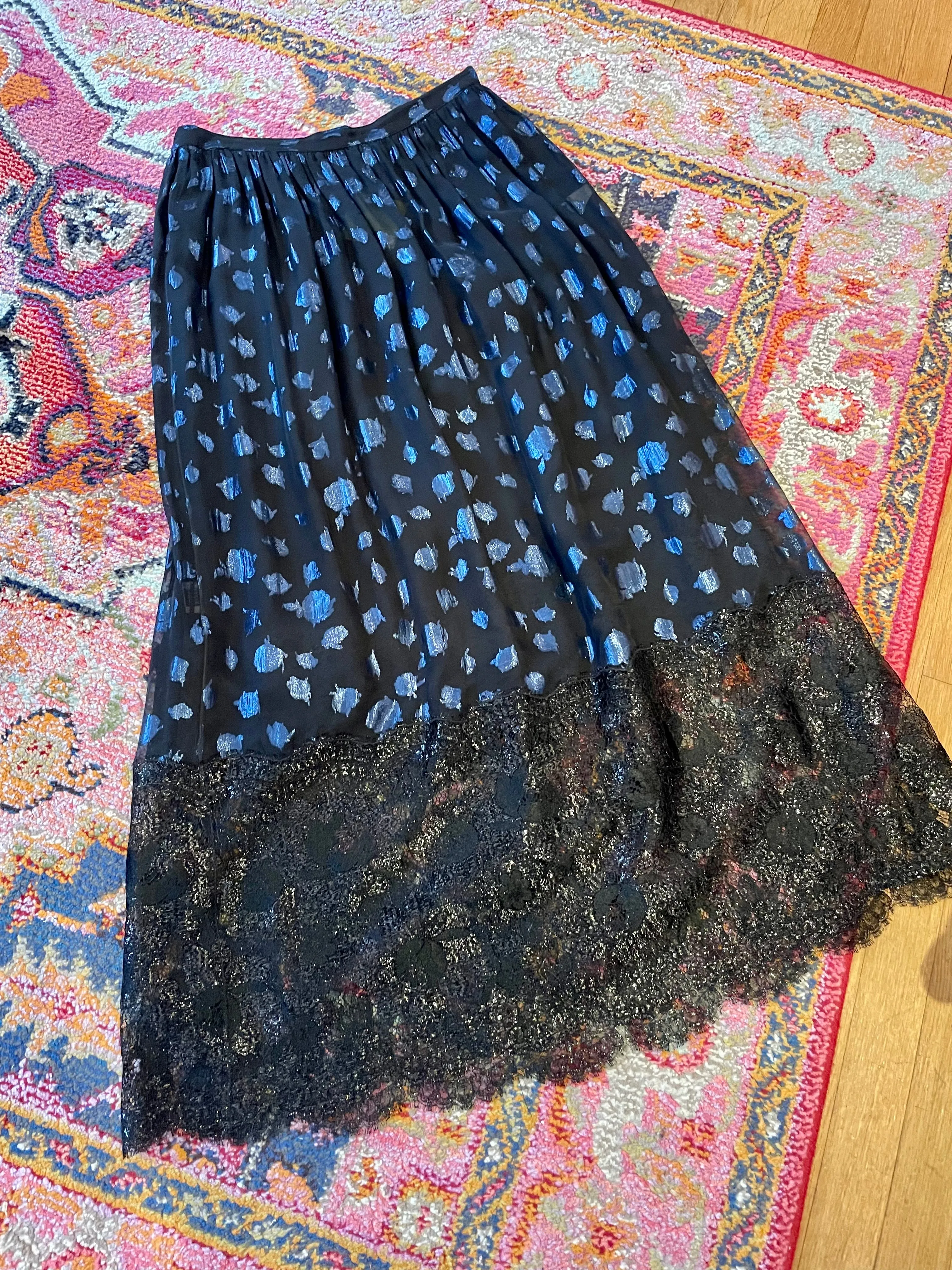 Geoffrey Beene Black & Blue Metallic Polka Dot Silk Chiffon Skirt