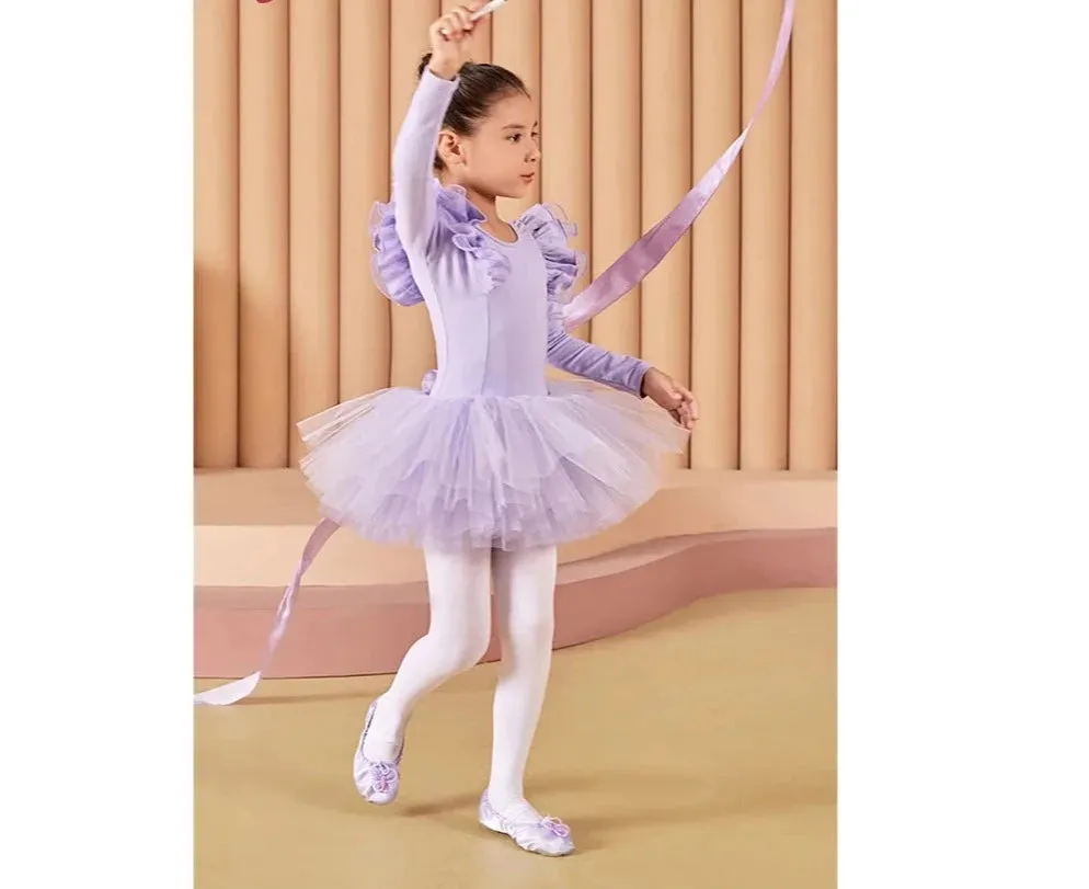 Girls Classic Ballet Long Sleeve Dance Leotard Tutu Dress