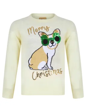 Girl's Glasses Dog Novelty Sequinned Christmas Jumper in Gardenia - Merry Christmas Kids (4-12yrs)