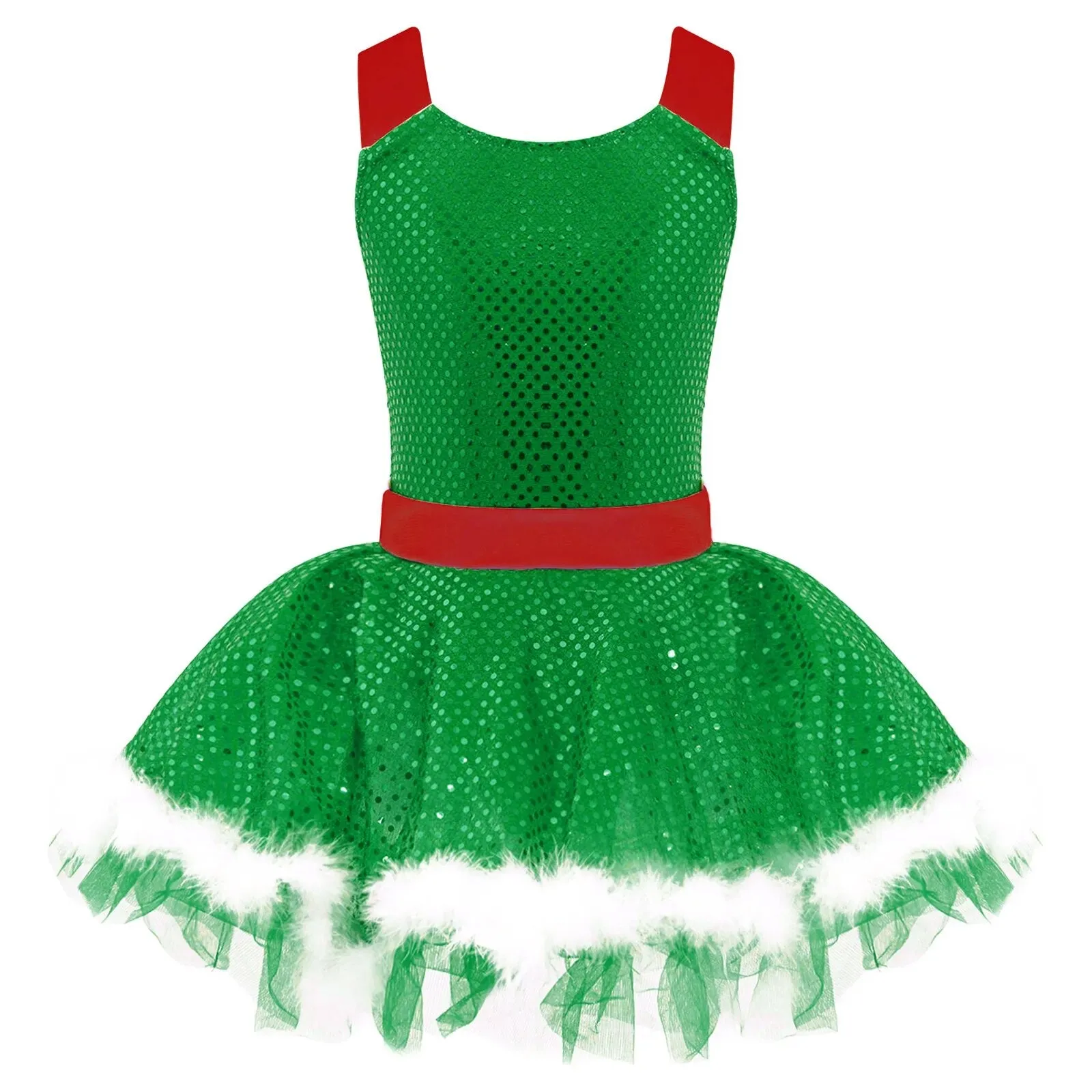 Girls Sequins Faux Fur Adorned Gymnastics Dance Leotard Holiday Costume