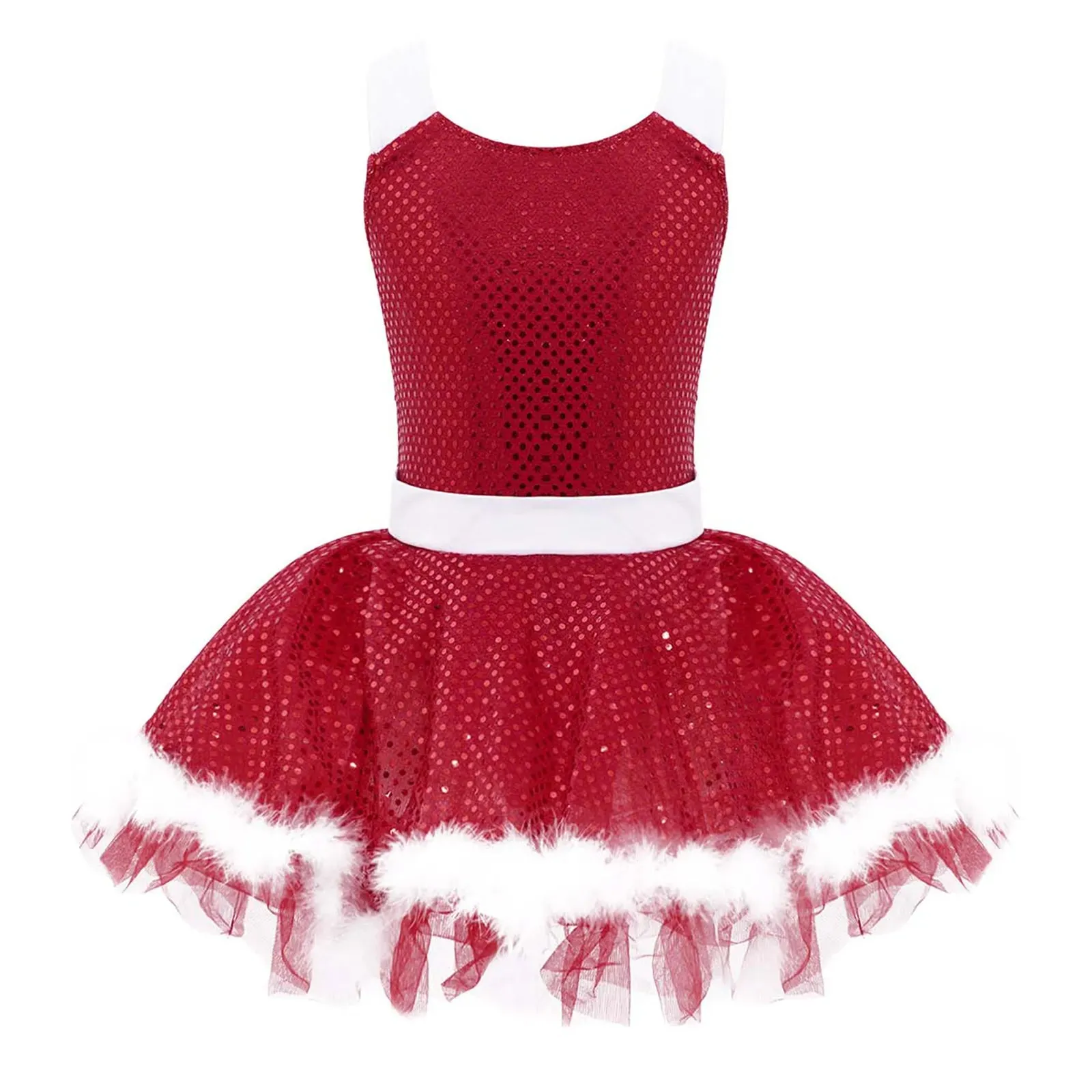 Girls Sequins Faux Fur Adorned Gymnastics Dance Leotard Holiday Costume