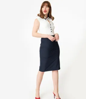 Glamour Bunny Ivory & Navy Blue Cap Sleeve Gina Wiggle Dress