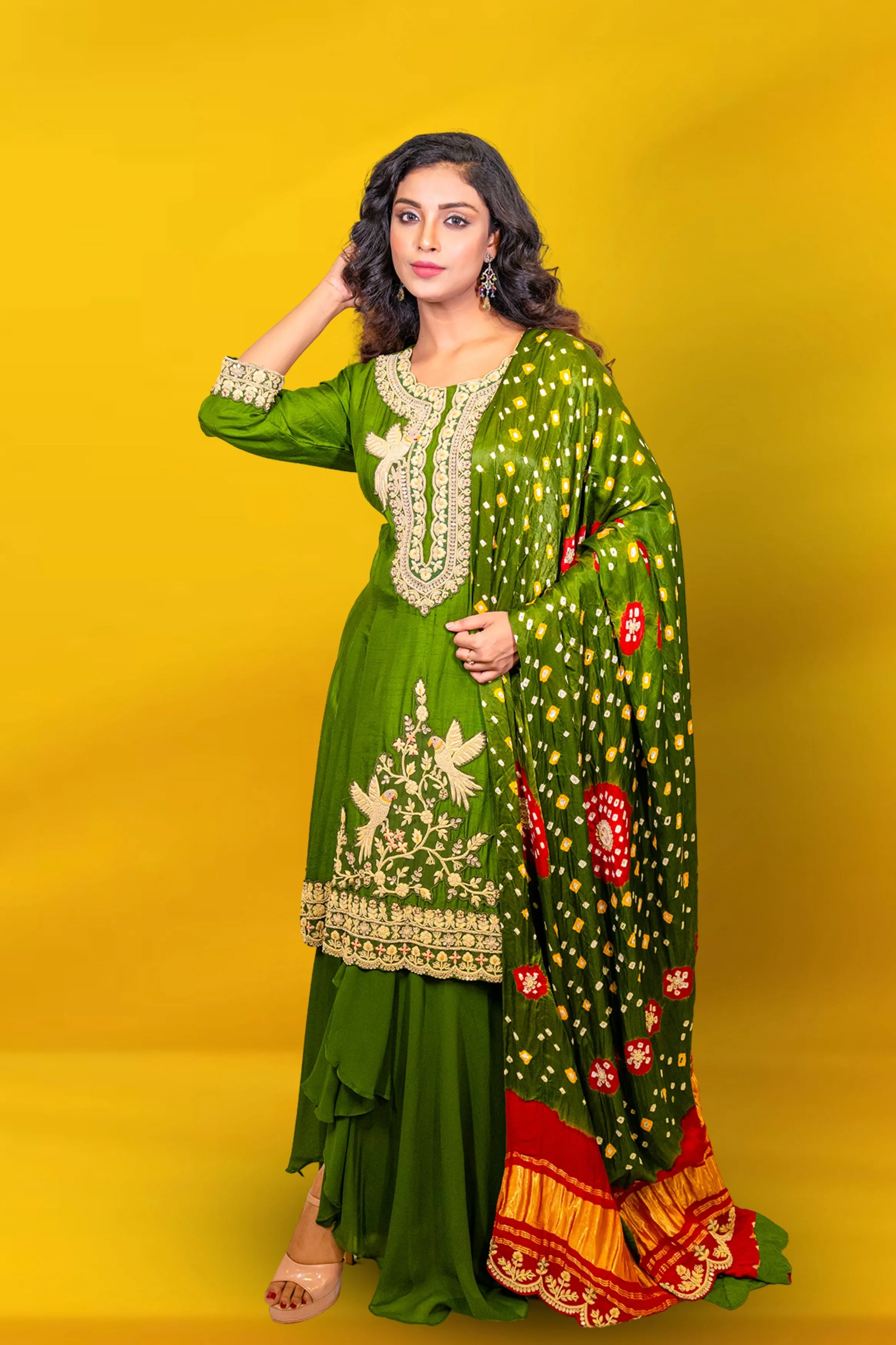 Green Embellished Chennai Silk Kurta Set