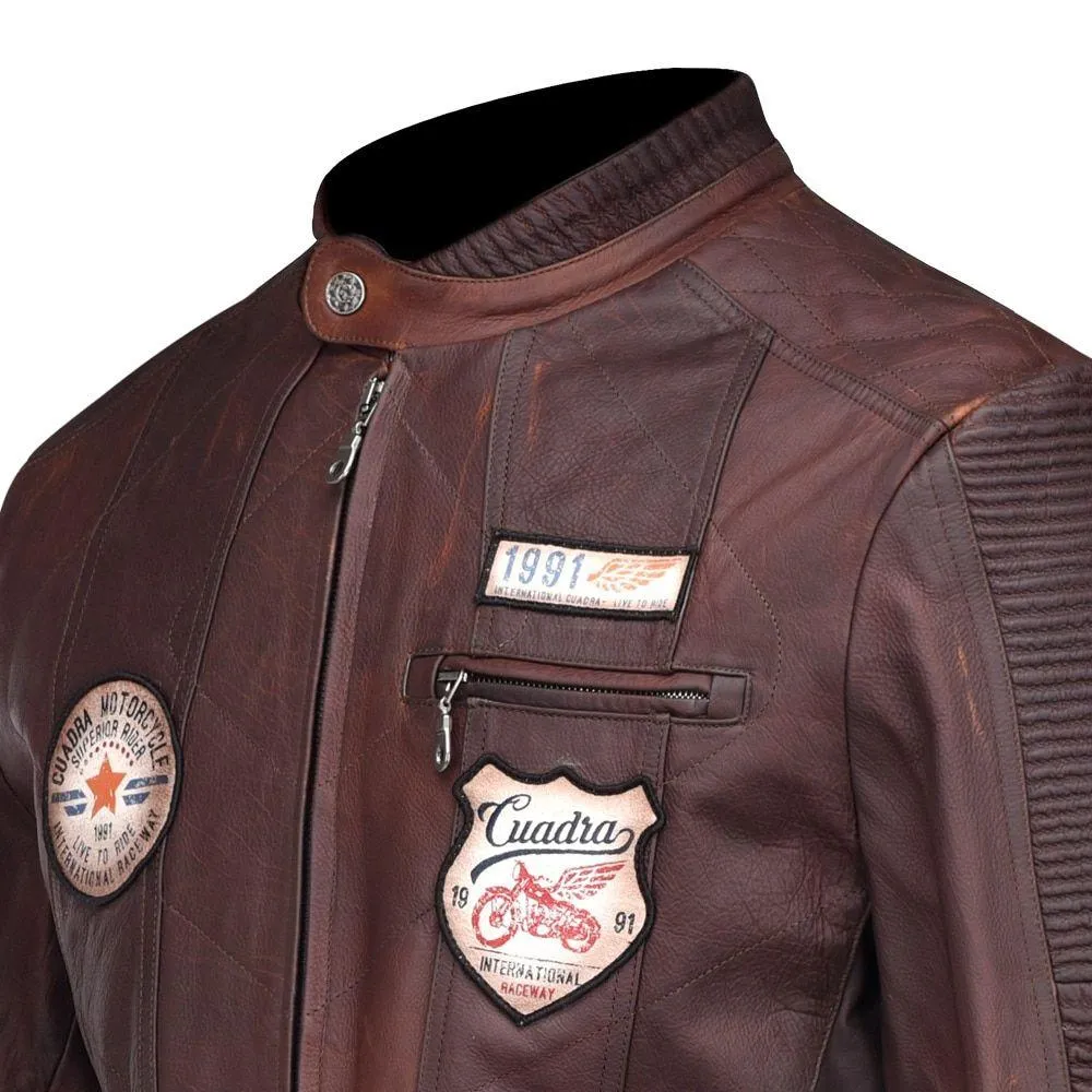 H195BOC - Cuadra brown fashion moto racer patched leather jacket for men