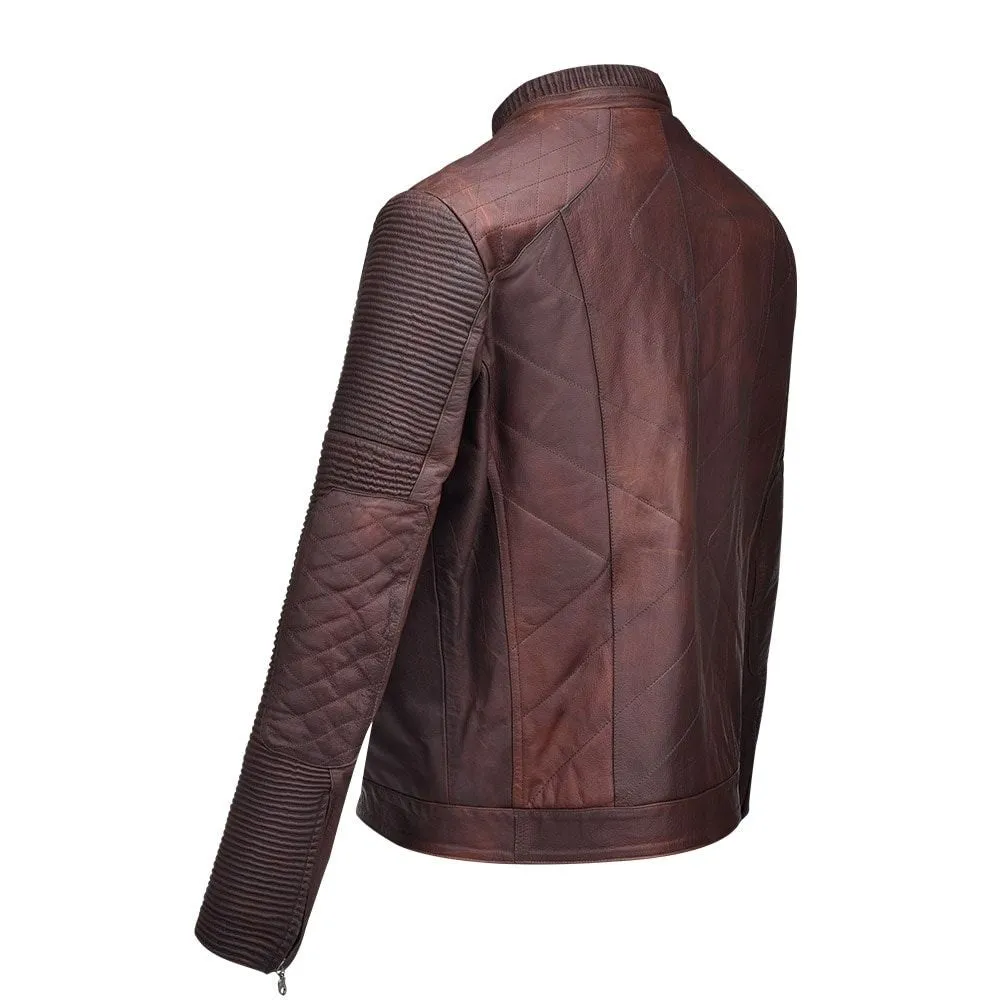 H195BOC - Cuadra brown fashion moto racer patched leather jacket for men