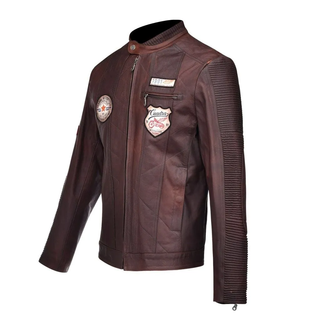 H195BOC - Cuadra brown fashion moto racer patched leather jacket for men