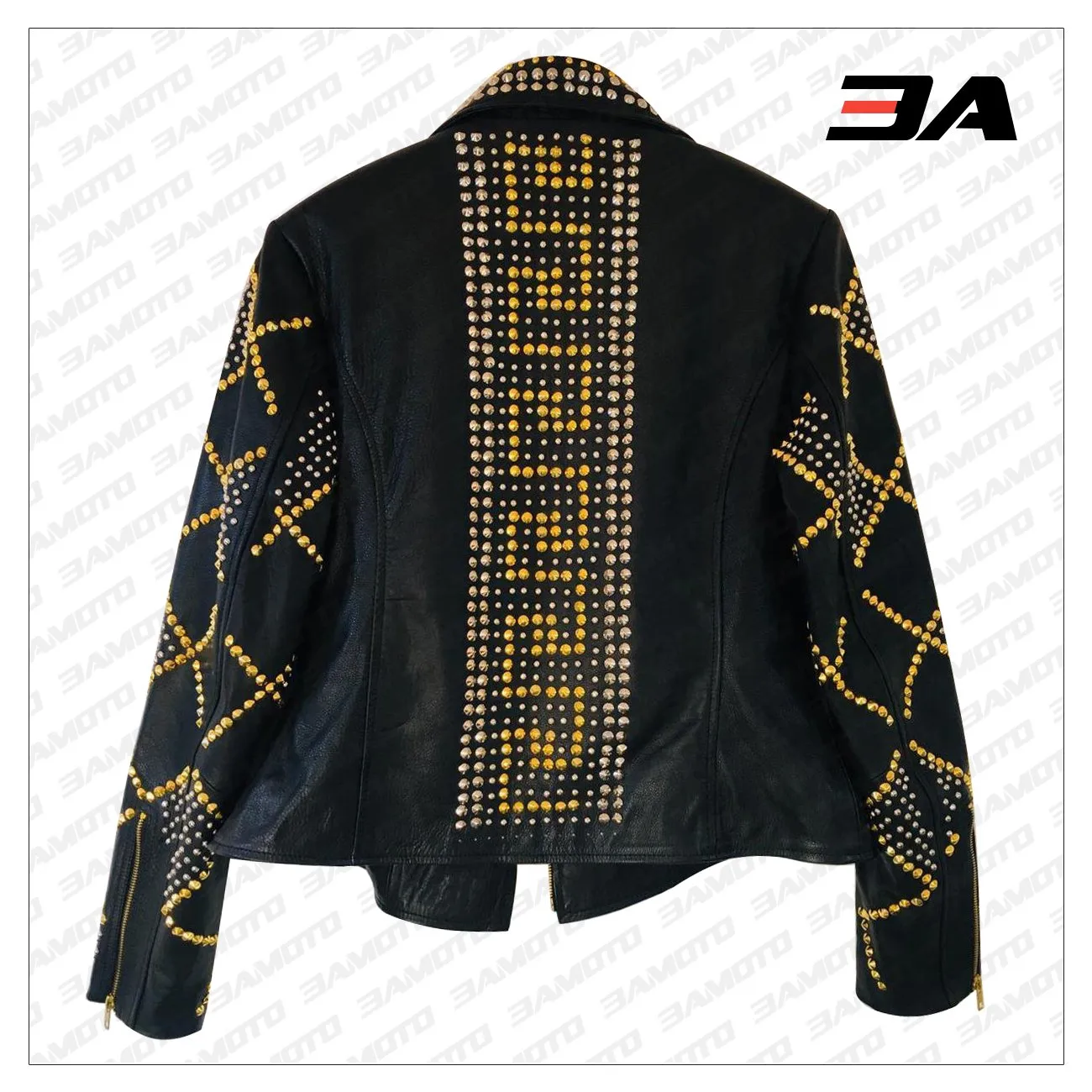 Handmade Women Black Leather Golden Studded Punk Style Jacket