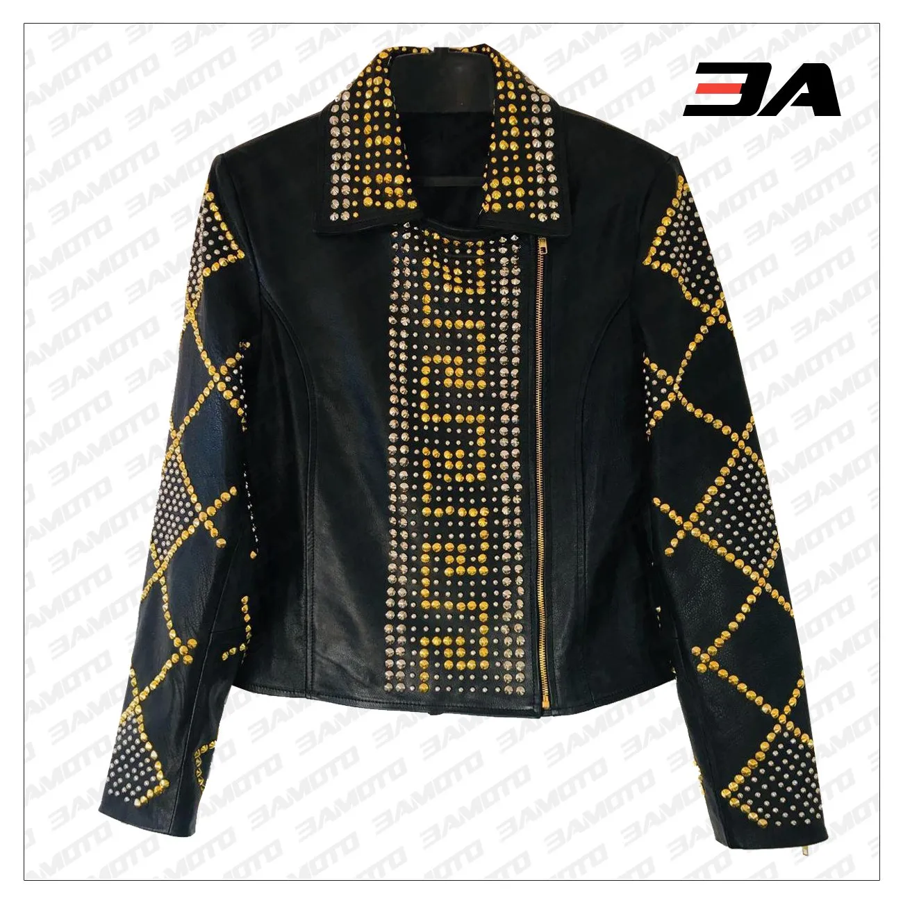 Handmade Women Black Leather Golden Studded Punk Style Jacket