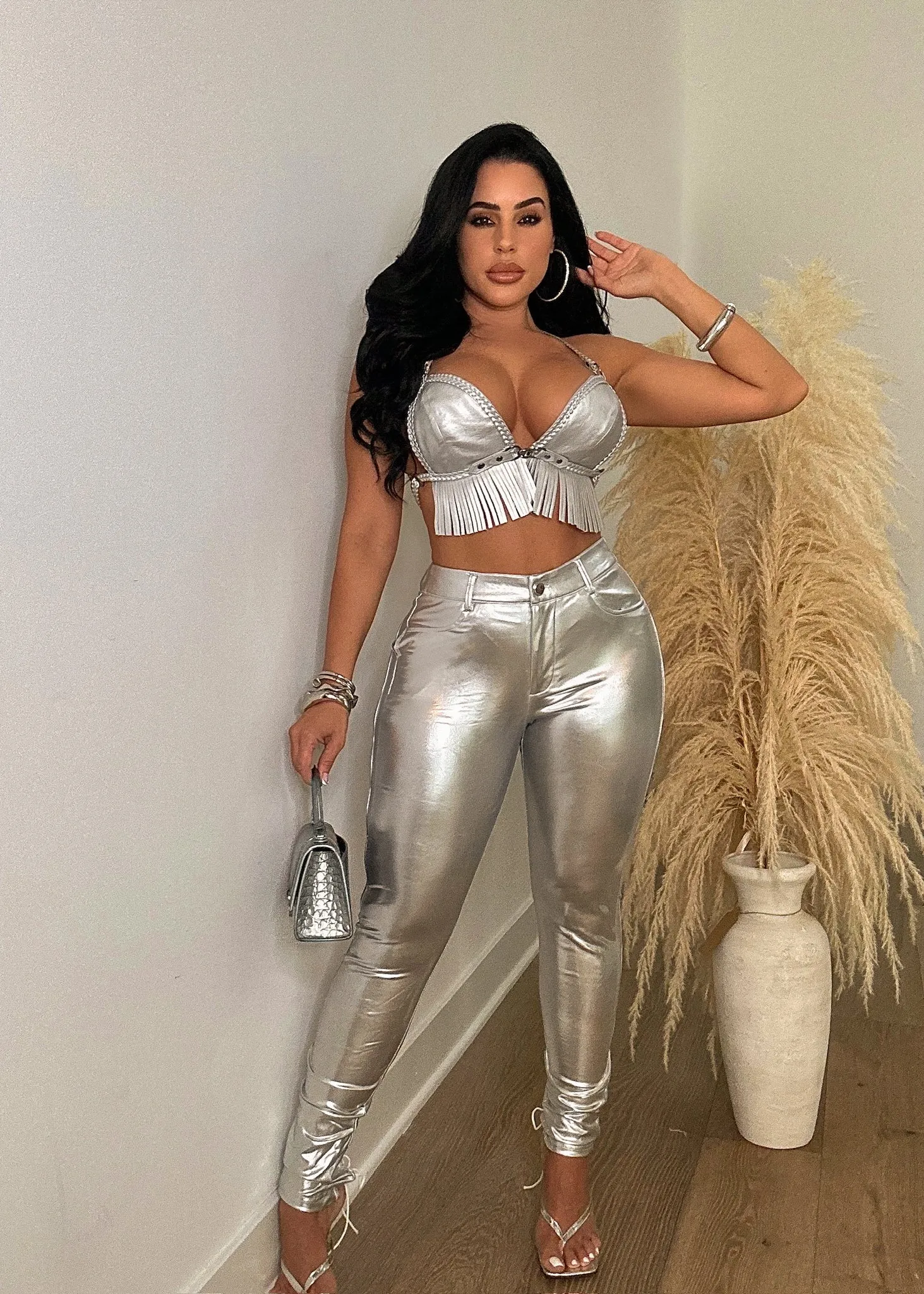 Hard As A Rock Faux Leather Crop Top Silver