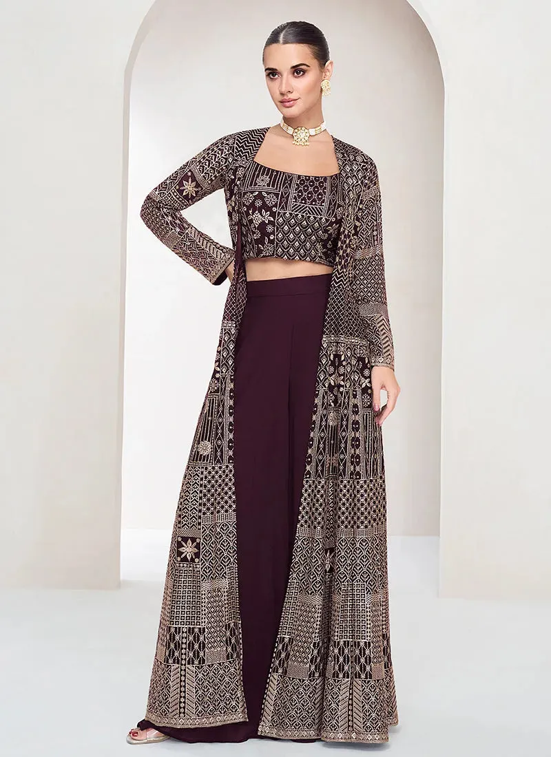 Heartwarming Deep Wine Embroidered Jacket Style Palazzo Suit