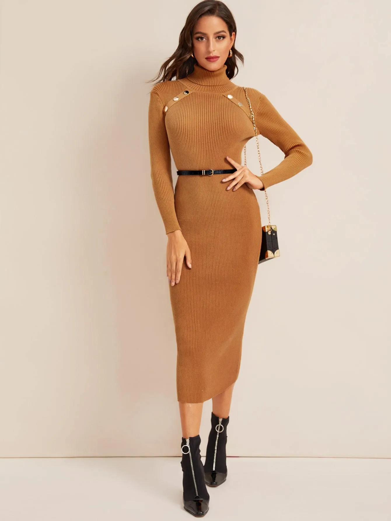 High Neck Ribbed Knit Jumper Dress Without Belted