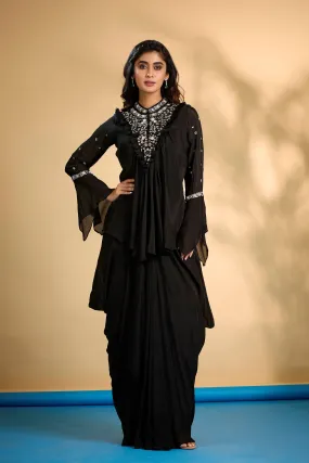 Hot Black Embellished Chinon Silk Skirt Set