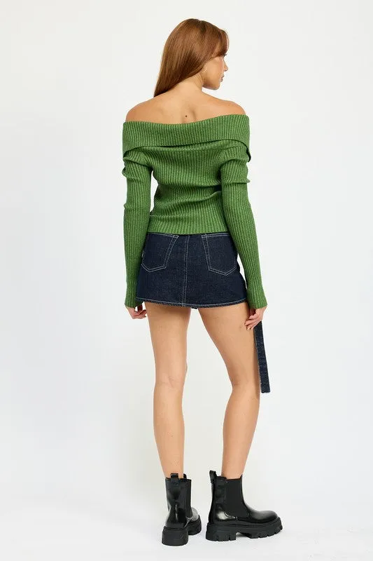 Hot Girl Bridget Zippered Bardot Shoulder Long Sleeve Top