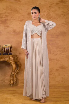 Ivory Embellished Georgette Silk Shrug Set