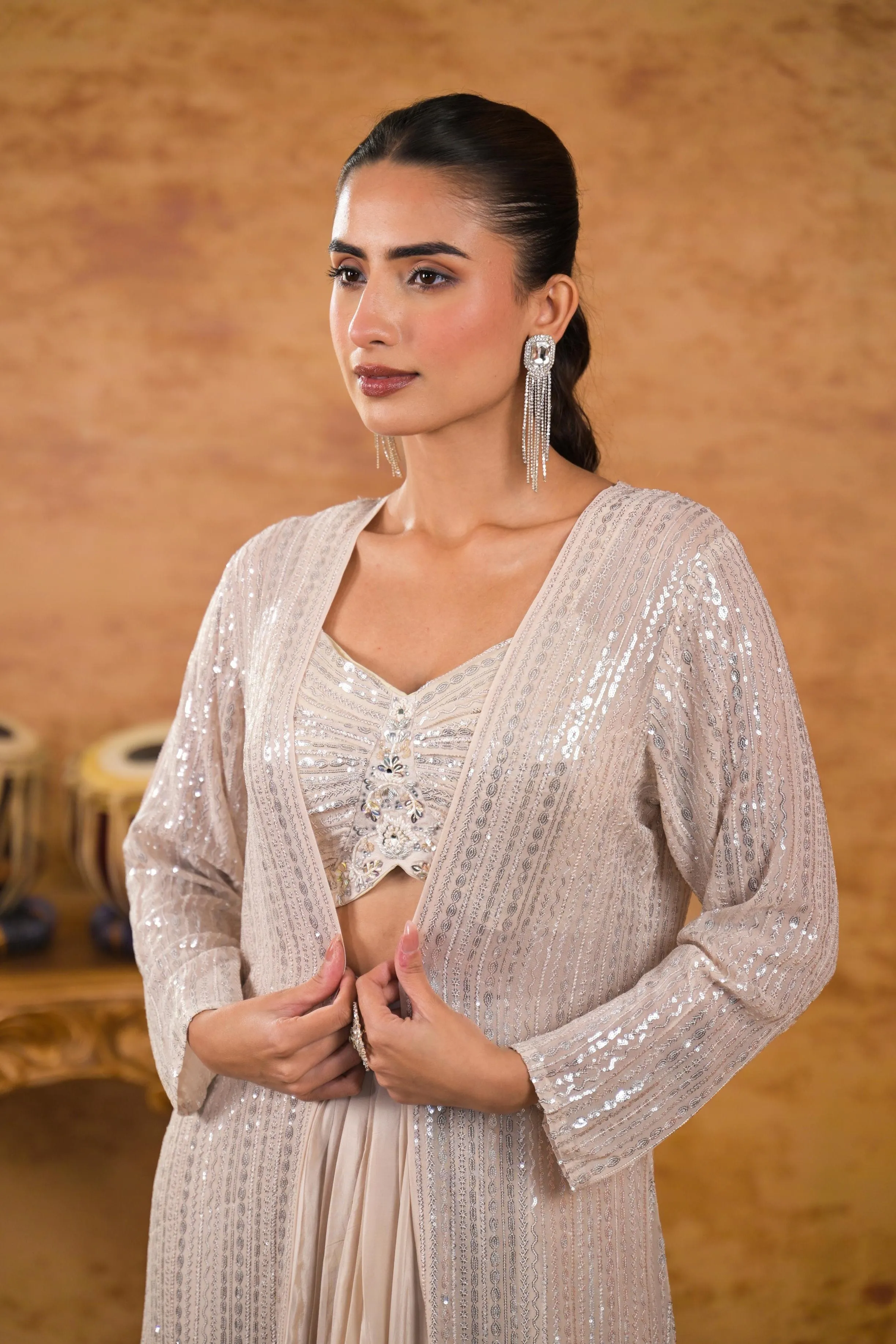 Ivory Embellished Georgette Silk Shrug Set