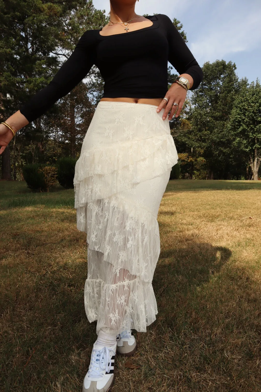 Lace Asymmetric Midi Skirt