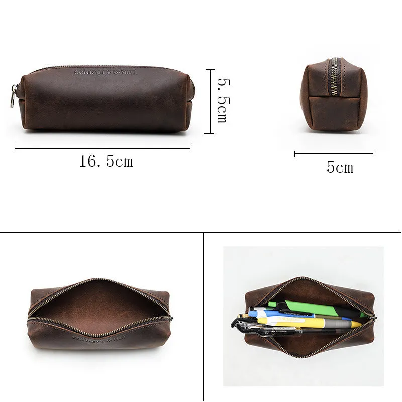 Large Capacity Zipper Crazy Horse Leather Pencil Case Square Pencil Case Student Stationery Bag